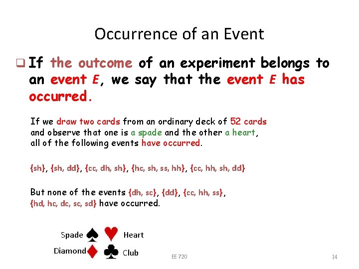 Occurrence of an Event q If the outcome of an experiment belongs to an