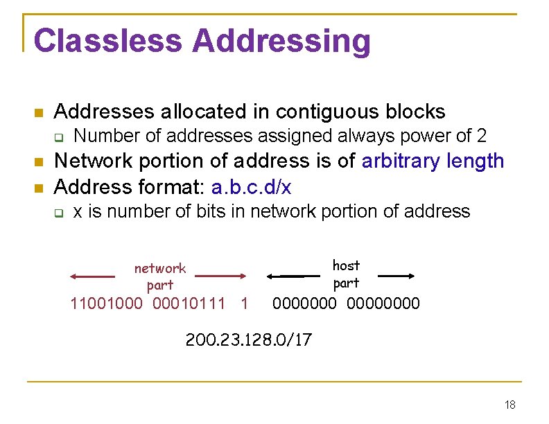 Classless Addressing Addresses allocated in contiguous blocks Number of addresses assigned always power of