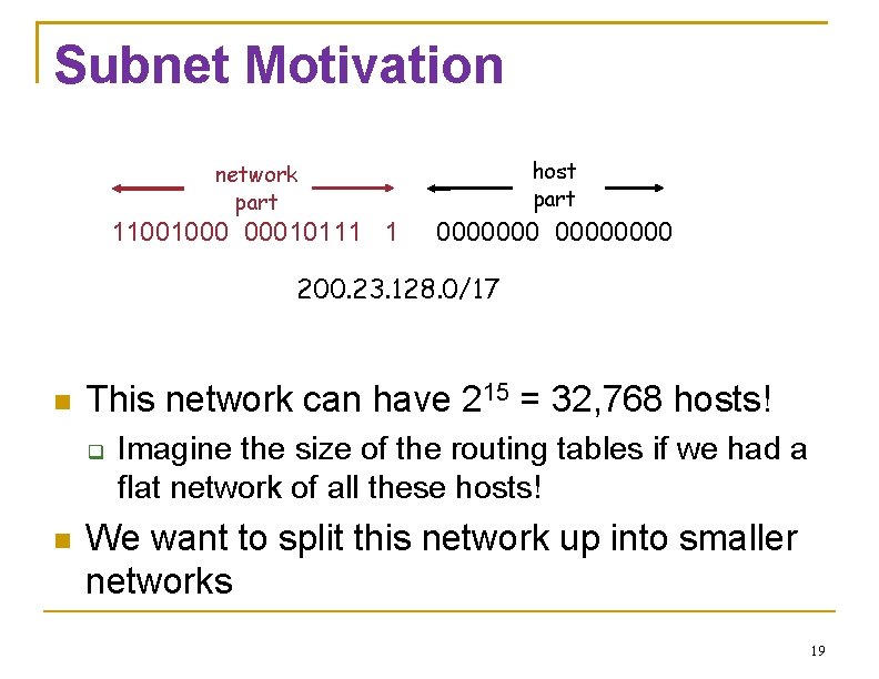 Subnet Motivation network part host part 11001000 00010111 1 00000000 200. 23. 128. 0/17