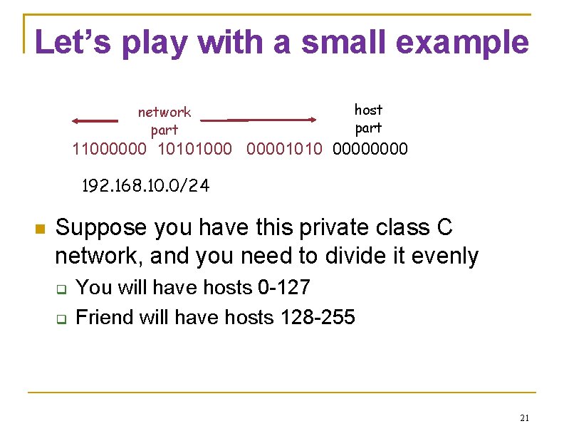 Let’s play with a small example network part host part 11000000 10101000 00001010 0000