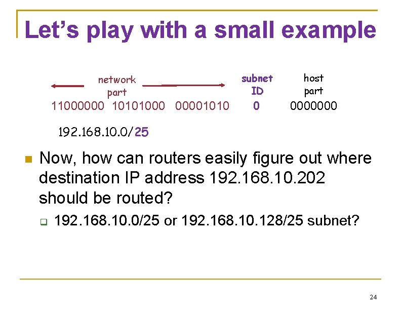 Let’s play with a small example network part 11000000 10101000 00001010 subnet ID host