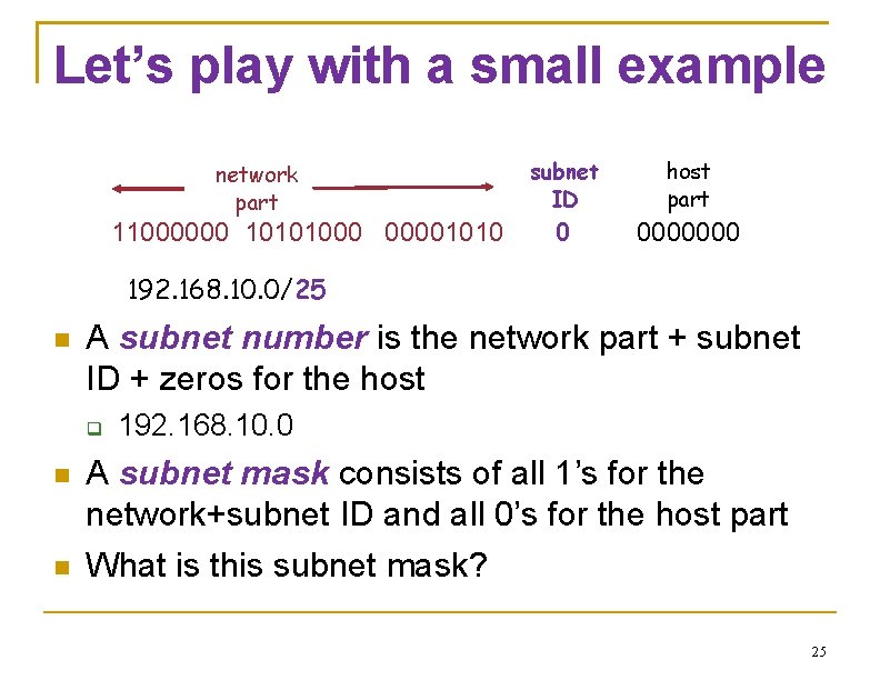 Let’s play with a small example network part 11000000 10101000 00001010 subnet ID host