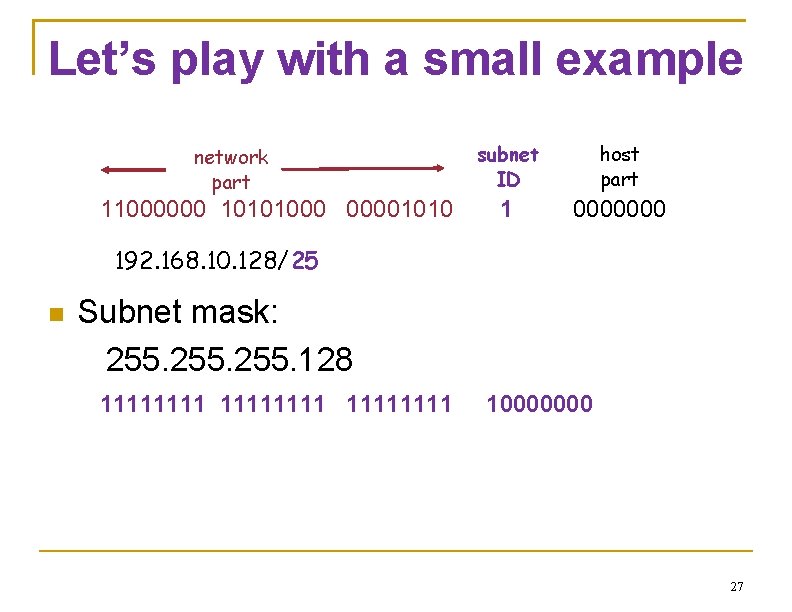 Let’s play with a small example network part 11000000 10101000 00001010 subnet ID host