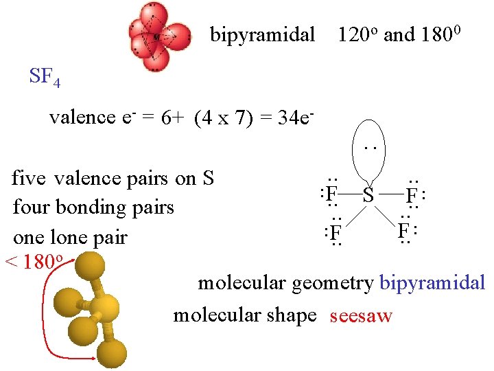 bipyramidal 120 o and 1800 SF 4 valence e- = 6+ (4 x 7)