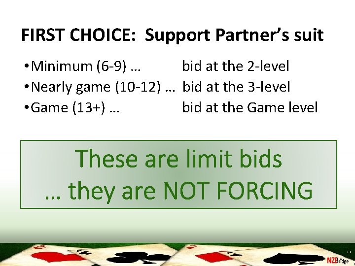 FIRST CHOICE: Support Partner’s suit • Minimum (6 -9) … bid at the 2
