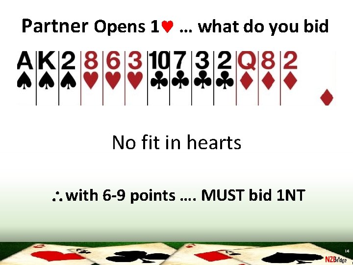 Partner Opens 1 … what do you bid No fit in hearts with 6