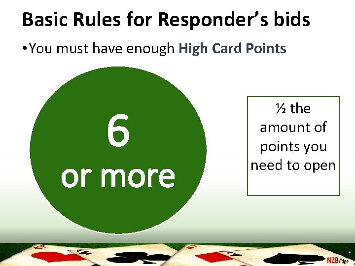 Basic Rules for Responder’s bids • You must have enough High Card Points 6