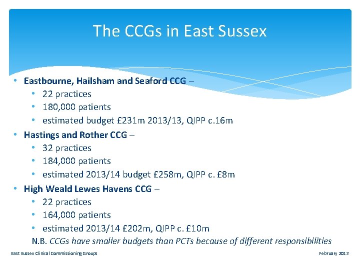 The CCGs in East Sussex • Eastbourne, Hailsham and Seaford CCG – • 22