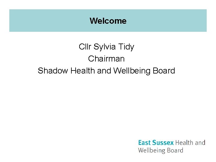 Welcome Cllr Sylvia Tidy Chairman Shadow Health and Wellbeing Board 