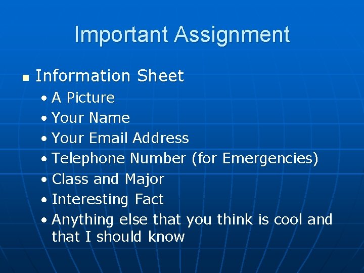 Important Assignment n Information Sheet • A Picture • Your Name • Your Email