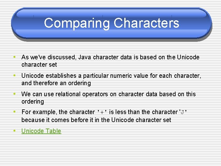 Comparing Characters • As we've discussed, Java character data is based on the Unicode