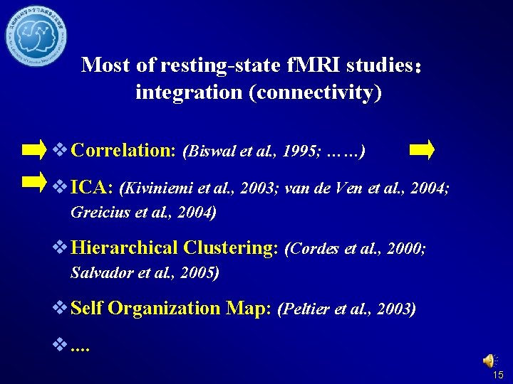 Most of resting-state f. MRI studies： integration (connectivity) v Correlation: (Biswal et al. ,