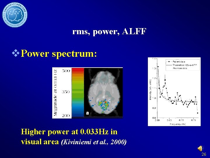 rms, power, ALFF v. Power spectrum: Higher power at 0. 033 Hz in visual