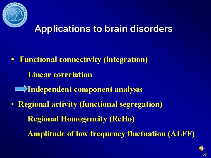 Applications to brain disorders • Functional connectivity (integration) Linear correlation Independent component analysis •