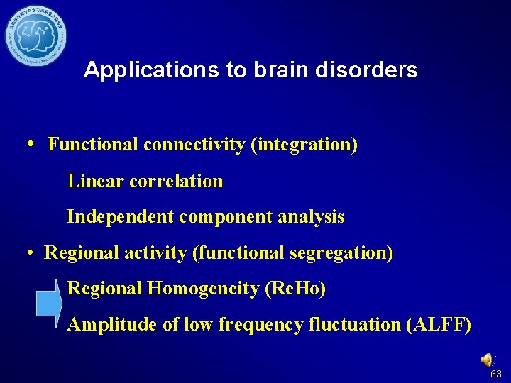 Applications to brain disorders • Functional connectivity (integration) Linear correlation Independent component analysis •