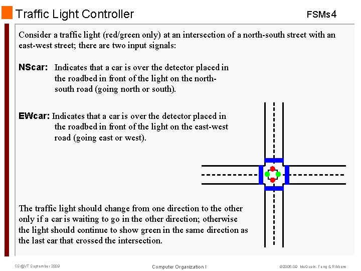 Traffic Light Controller FSMs 4 Consider a traffic light (red/green only) at an intersection