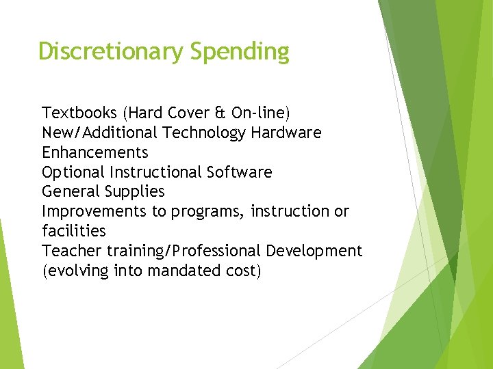 Discretionary Spending Textbooks (Hard Cover & On-line) New/Additional Technology Hardware Enhancements Optional Instructional Software