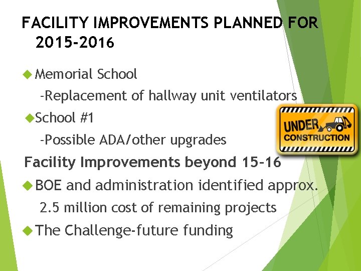 FACILITY IMPROVEMENTS PLANNED FOR 2015 -2016 Memorial School -Replacement of hallway unit ventilators School