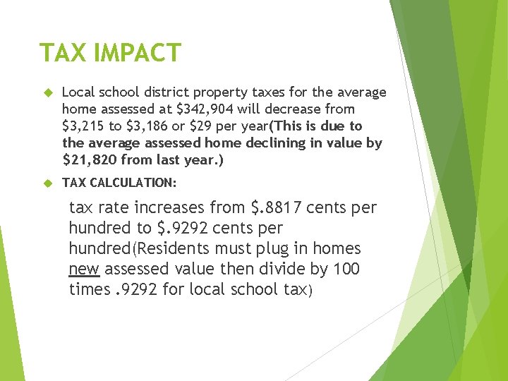 TAX IMPACT Local school district property taxes for the average home assessed at $342,