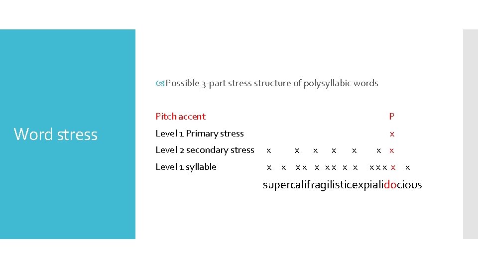  Possible 3 -part stress structure of polysyllabic words Word stress Pitch accent P