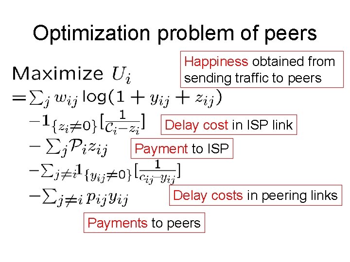 Optimization problem of peers Happiness obtained from sending traffic to peers Delay cost in