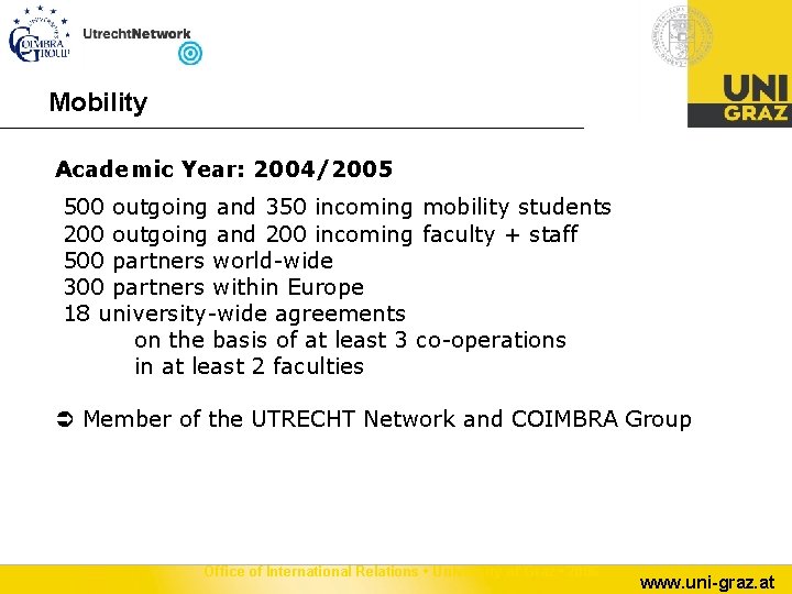 Mobility Academic Year: 2004/2005 500 outgoing and 350 incoming mobility students 200 outgoing and