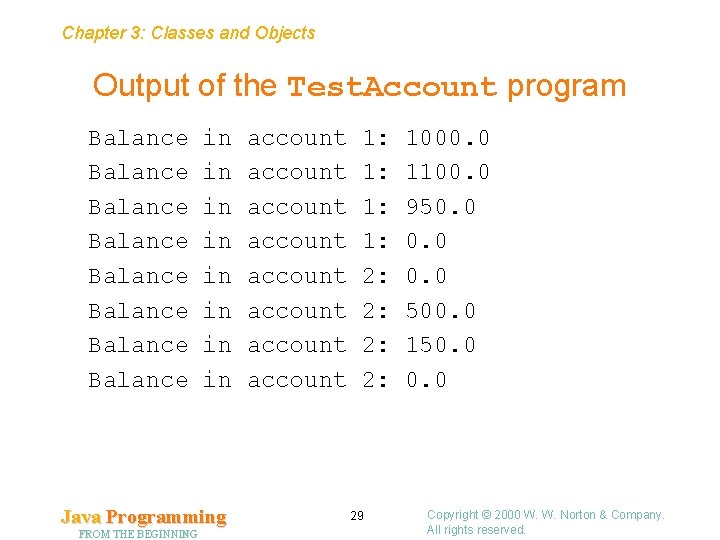 Chapter 3: Classes and Objects Output of the Test. Account program Balance Balance in