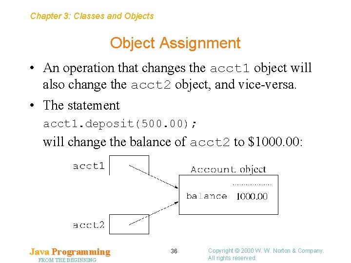 Chapter 3: Classes and Objects Object Assignment • An operation that changes the acct Chapter 3: Classes and Objects Object Assignment • An operation that changes the acct