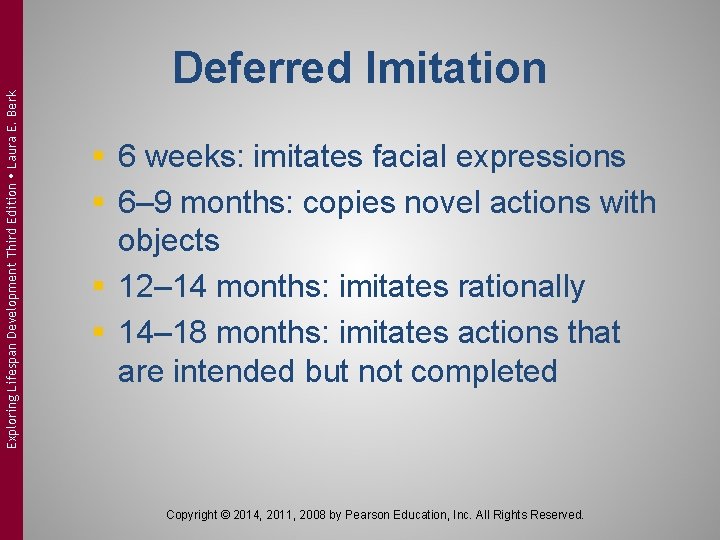 Exploring Lifespan Development Third Edition Laura E. Berk Deferred Imitation § 6 weeks: imitates Exploring Lifespan Development Third Edition Laura E. Berk Deferred Imitation § 6 weeks: imitates