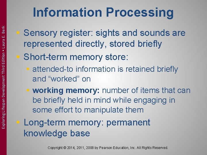 Exploring Lifespan Development Third Edition Laura E. Berk Information Processing § Sensory register: sights Exploring Lifespan Development Third Edition Laura E. Berk Information Processing § Sensory register: sights