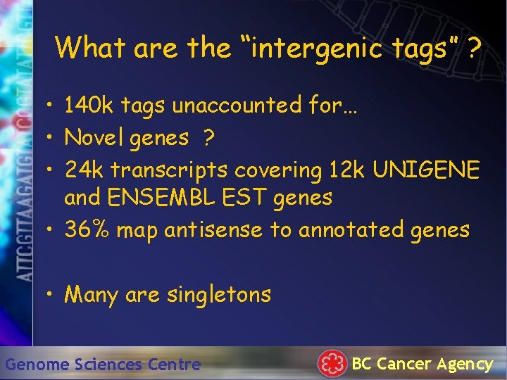 What are the “intergenic tags” ? • 140 k tags unaccounted for… • Novel