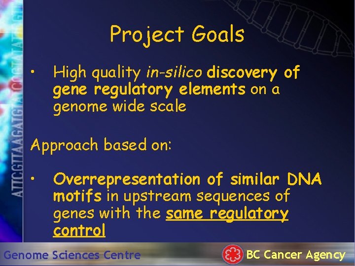 Project Goals • High quality in-silico discovery of gene regulatory elements on a genome