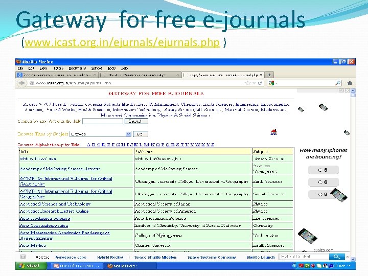 Gateway for free e-journals (www. icast. org. in/ejurnals. php ) 