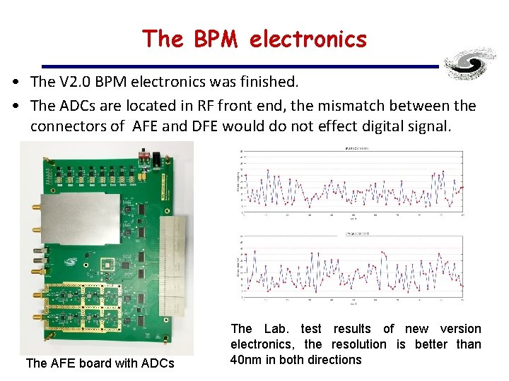 The BPM electronics • The V 2. 0 BPM electronics was finished. • The