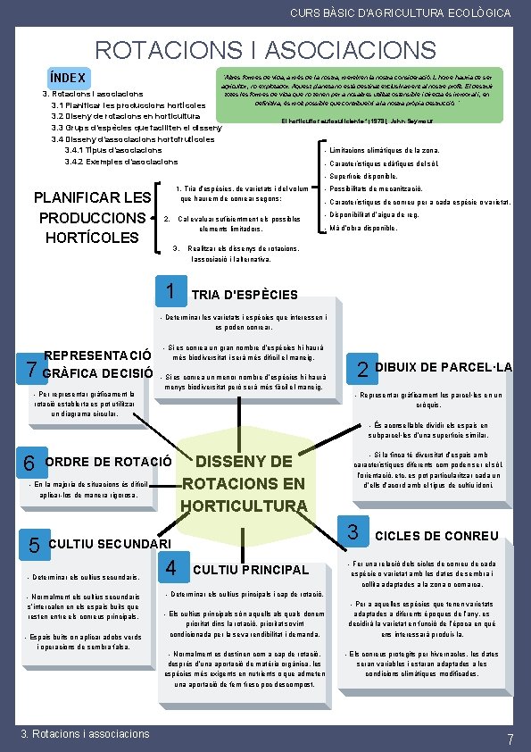 CURS BÀSIC D'AGRICULTURA ECOLÒGICA ROTACIONS I ASOCIACIONS ÍNDEX "Altres formes de vida, a més