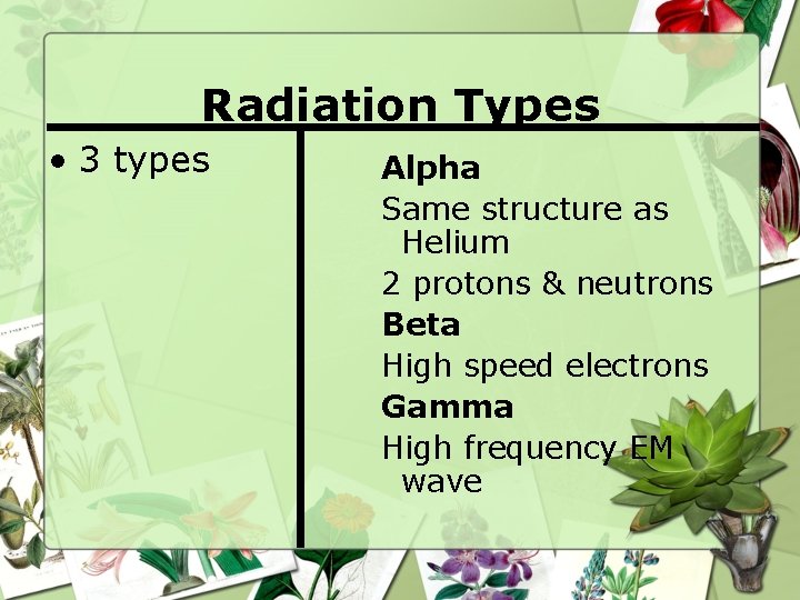 Radiation Types • 3 types Alpha Same structure as Helium 2 protons & neutrons