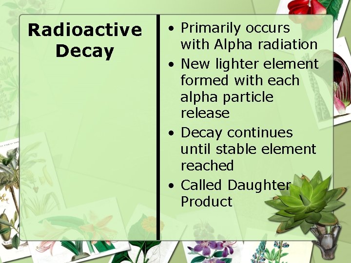 Radioactive Decay • Primarily occurs with Alpha radiation • New lighter element formed with