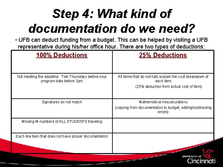 Step 4: What kind of documentation do we need? • UFB can deduct funding