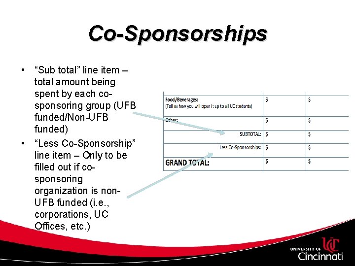 Co-Sponsorships • “Sub total” line item – total amount being spent by each cosponsoring