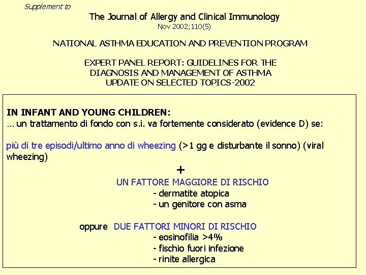 Supplement to The Journal of Allergy and Clinical Immunology Nov 2002; 110(5) NATIONAL ASTHMA