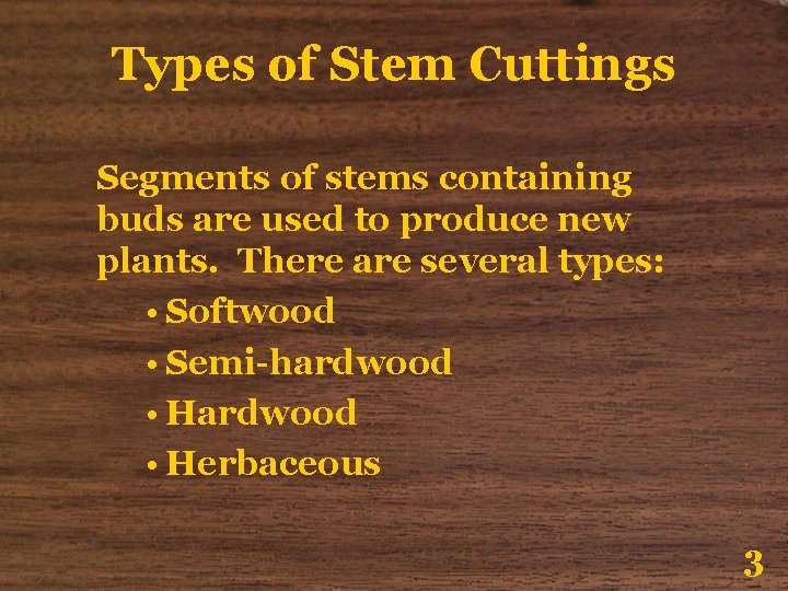 Types of Stem Cuttings Segments of stems containing buds are used to produce new