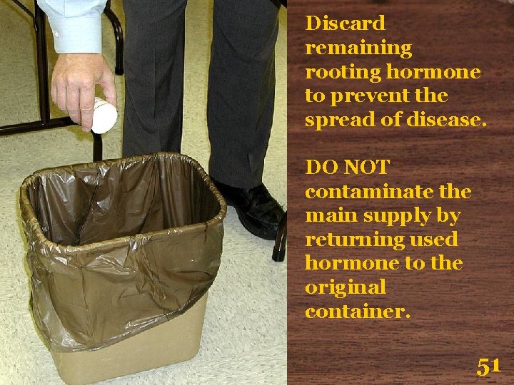 Discard remaining rooting hormone to prevent the spread of disease. DO NOT contaminate the