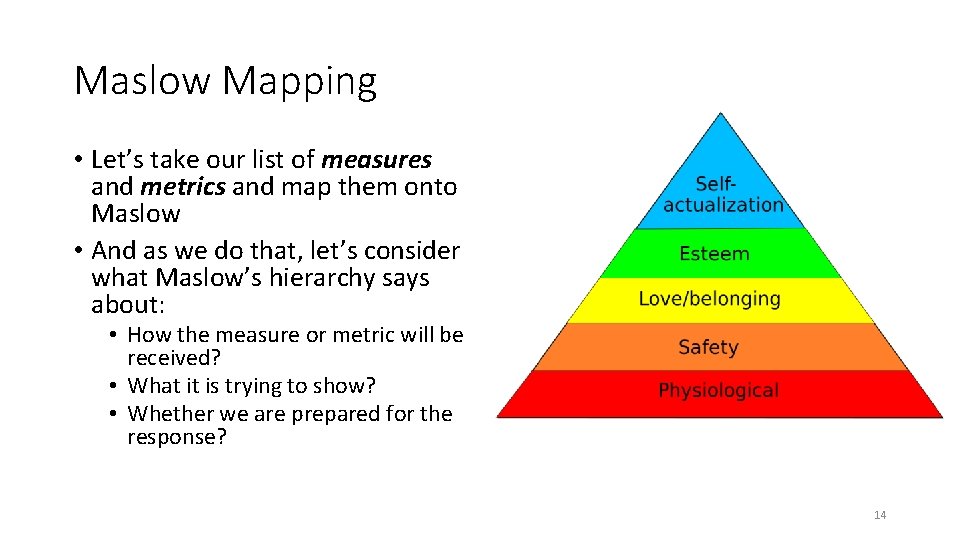 Maslow Mapping • Let’s take our list of measures and metrics and map them