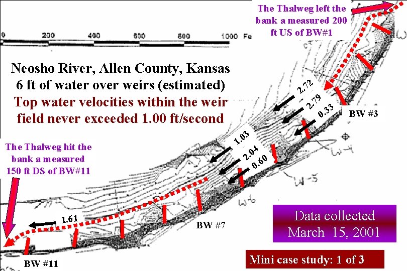 The Thalweg left the bank a measured 200 ft US of BW#1 Neosho River,