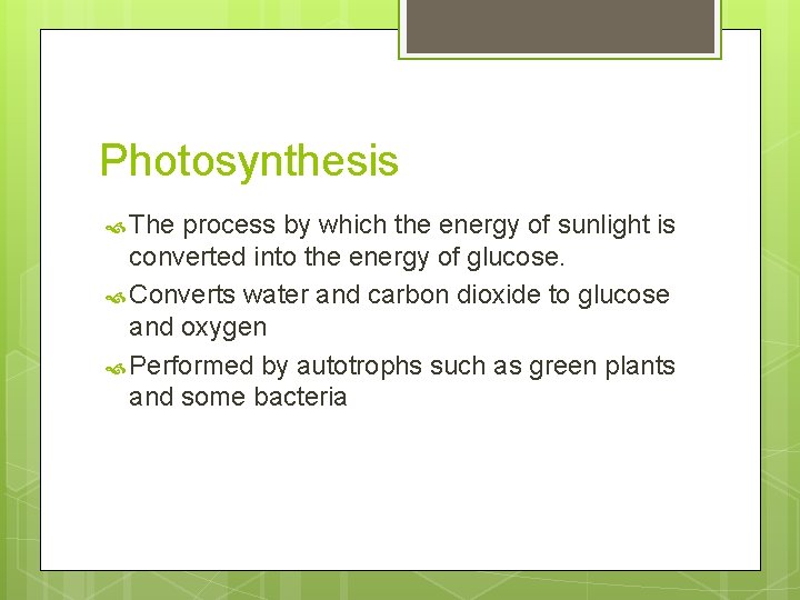 Photosynthesis The process by which the energy of sunlight is converted into the energy