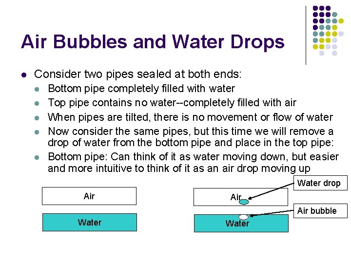 Air Bubbles and Water Drops l Consider two pipes sealed at both ends: l
