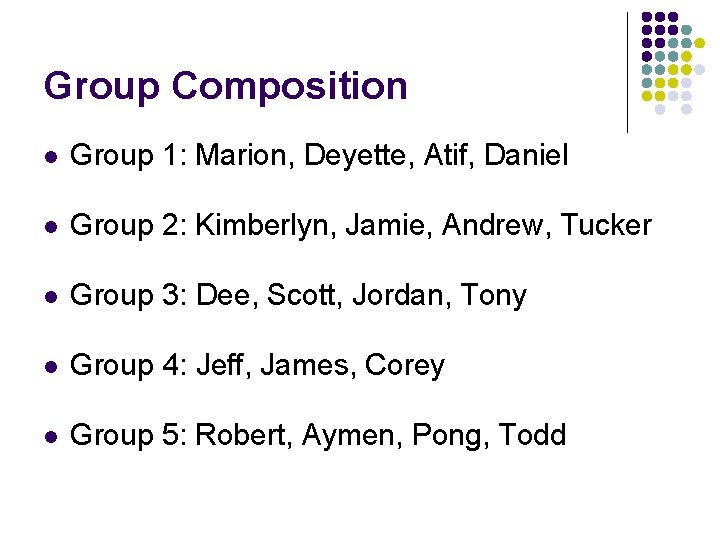 Group Composition l Group 1: Marion, Deyette, Atif, Daniel l Group 2: Kimberlyn, Jamie,