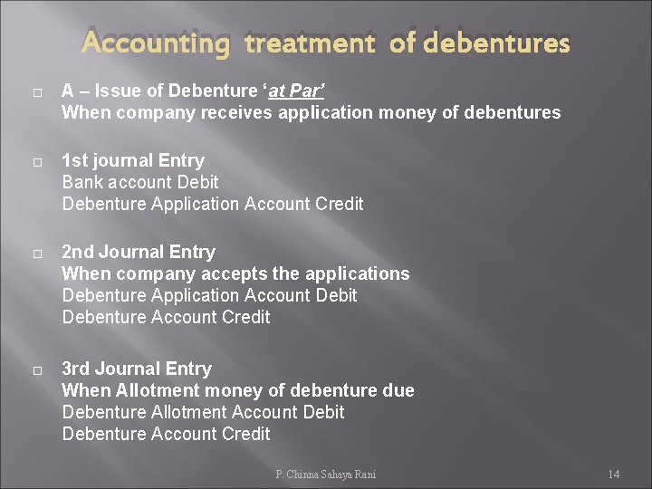 Accounting treatment of debentures A – Issue of Debenture ‘at Par’ When company receives