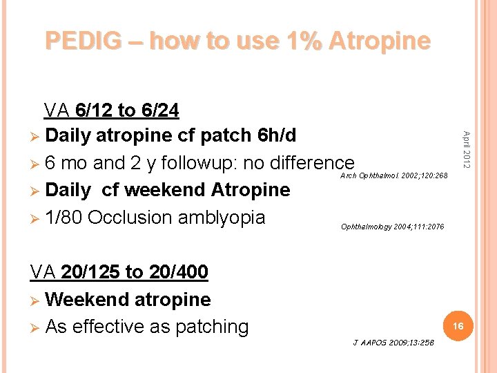 PEDIG – how to use 1% Atropine April 2012 VA 6/12 to 6/24 Ø