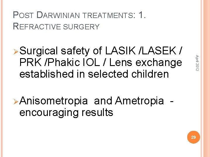 POST DARWINIAN TREATMENTS: 1. REFRACTIVE SURGERY safety of LASIK /LASEK / PRK /Phakic IOL